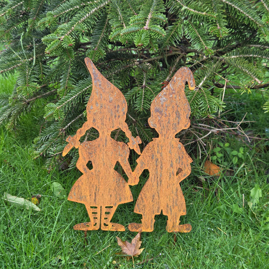 Edelrost Gartenstecker „Wichtelpaar Hand in Hand“