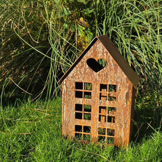 Edelrost Windlicht-Haus mittel mit Herz