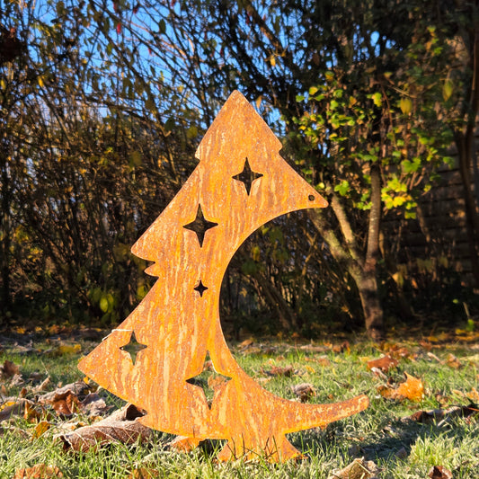 Edelrost-Gartenfigur Gebogene Tanne mit Sternen (36 × 28 cm)